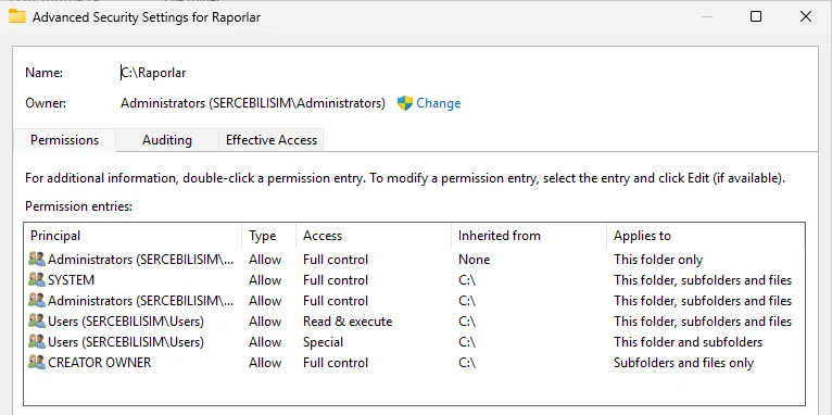 Windows NTFS ACL görünümü: C:\Raporlar klasörünün Advanced Security Settings penceresinde altı izin kaydı, beşi C:\ sürücüsünden kalıtımla gelmiş, biri yalnız bu klasöre yazılmış