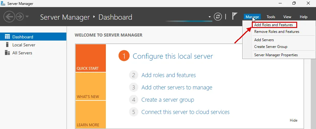 Server Manager Manage menüsü açık: Add Roles and Features seçeneği kırmızı çerçevede ve okla gösteriliyor