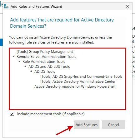 Add features that are required for Active Directory Domain Services penceresi: Group Policy Management, AD DS araçları ve PowerShell modülü listesi ile Add Features düğmesi kırmızı çerçevede