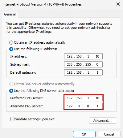 dc01 IPv4 özellikleri: Preferred DNS server 192.168.1.10 ve Alternate DNS server 127.0.0.1, iki alan kırmızı çerçevede