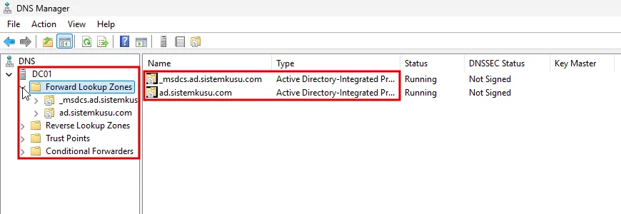 DNS Manager konsolu: sol ağaçta DC01 altında Forward Lookup Zones, Reverse Lookup Zones, Trust Points ve Conditional Forwarders, sağda _msdcs.ad.sistemkusu.com ve ad.sistemkusu.com Active Directory-Integrated Primary, ağaç ve iki zone kırmızı çerçevede