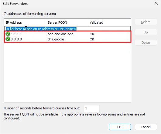Edit Forwarders penceresi: 1.1.1.1 one.one.one.one OK ve 8.8.8.8 dns.google OK satırları yeşil onay işaretiyle, iki satır kırmızı çerçevede