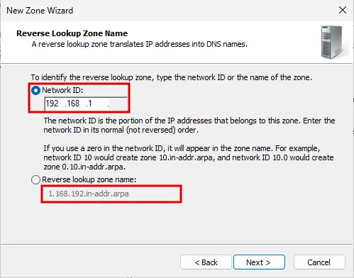 New Zone Wizard Reverse Lookup Zone Name sayfası: Network ID alanında 192.168.1, altta soluk yazıyla 1.168.192.in-addr.arpa, iki alan kırmızı çerçevede