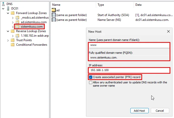 DNS Manager'da sistemkusu.com zone'u seçili, New Host penceresinde Name www, FQDN www.sistemkusu.com, IP address 192.168.1.100, Create associated pointer (PTR) record işaretli, zone ve üç alan kırmızı çerçevede