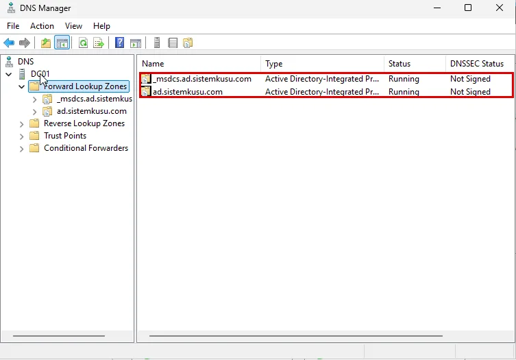 DNS Manager Forward Lookup Zones: _msdcs.ad.sistemkusu.com ve ad.sistemkusu.com zone'ları Active Directory-Integrated Primary ve Running, iki satır kırmızı çerçevede