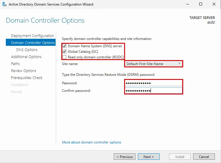 dc02 Domain Controller Options: DNS server ve Global Catalog işaretli, Site name Default-First-Site-Name, DSRM parola alanları dolu, üçü kırmızı çerçevede