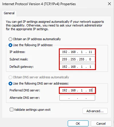 dc02 IPv4 özellikleri: IP adresi 192.168.1.11, maske 255.255.255.0, ağ geçidi 192.168.1.1 ve Preferred DNS server 192.168.1.10, adres alanları ve DNS alanı kırmızı çerçevede