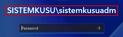 Promotion'dan sonra giriş ekranı: SISTEMKUSU\sistemkusuadm hesap adı ve parola alanı kırmızı çerçevede