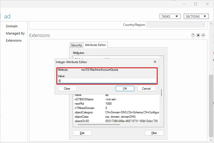ADAC domain özellikleri Attribute Editor: Integer Attribute Editor penceresinde ms-DS-MachineAccountQuota ve Value alanında 0, kırmızı çerçevede