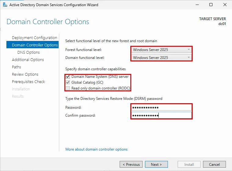 Domain Controller Options sayfası: Forest ve Domain functional level Windows Server 2025, Domain Name System server ve Global Catalog işaretli, DSRM parola alanları dolu, hepsi kırmızı çerçevede