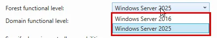 Domain Controller Options sayfasında Forest functional level listesi açık: yalnız Windows Server 2016 ve Windows Server 2025 seçenekleri, liste kırmızı çerçevede
