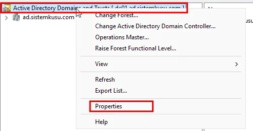 Active Directory Domains and Trusts konsolu: en üstteki Active Directory Domains and Trusts [ dc01.ad.sistemkusu.com ] düğümüne sağ tıklanmış, menüde Properties, düğüm ve Properties kırmızı çerçevede