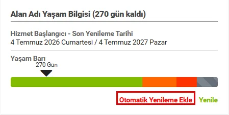 Alan adının yaşam bilgisi kutusu: 270 gün kaldığını gösteren çubuk ve kırmızı çerçeveli Otomatik Yenileme Ekle bağlantısı, yani otomatik yenileme kapalı