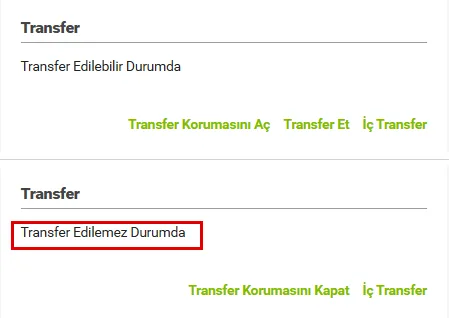 Panelin Transfer bölümü iki hâliyle: üstte kilit öncesi Transfer Edilebilir Durumda, altta kilit sonrası Transfer Edilemez Durumda ve bu satır kırmızı çerçeveli