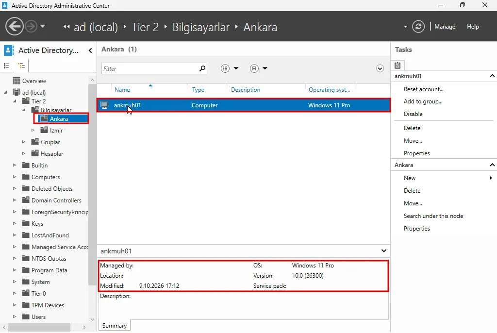 ADAC'ta Tier 2 Bilgisayarlar Ankara OU'su: ankmuh01 Computer, Operating system Windows 11 Pro, alt panelde Modified 9.10.2026 17:12, OS Windows 11 Pro, Version 10.0 (26300), satır, alt panel ve ağaçtaki Ankara kırmızı çerçevede