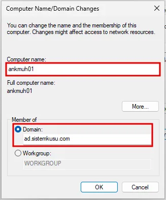 Computer Name/Domain Changes penceresi: Computer name ankmuh01, Member of bölümünde Domain seçili ve ad.sistemkusu.com yazılı, iki alan kırmızı çerçevede