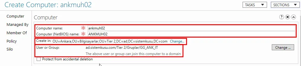 ADAC Create Computer formu: Computer name ankmuh02, NetBIOS adı ANKMUH02, Create in Ankara OU'su, User or Group alanında GG_ANK_IT ve altında The above user or group can join this computer to a domain yazısı, üç bölge kırmızı çerçevede