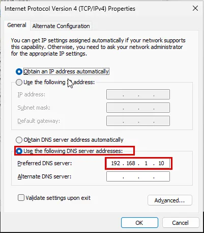 ncpa.cpl'den açılan Internet Protocol Version 4 (TCP/IPv4) Properties penceresi: Use the following DNS server addresses seçili ve Preferred DNS server alanında 192.168.1.10, ikisi kırmızı çerçevede, IP adresi otomatik alınıyor