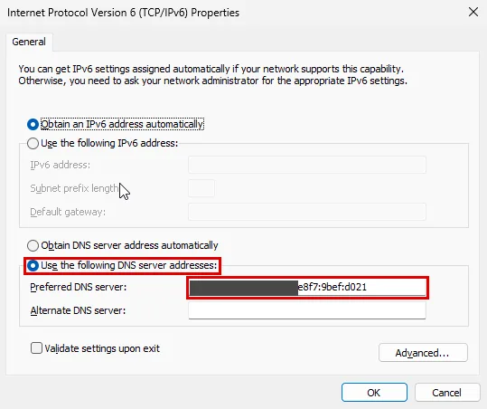 ncpa.cpl'den açılan Internet Protocol Version 6 (TCP/IPv6) Properties penceresi: Use the following DNS server addresses seçili, Preferred DNS server alanında dc01'in IPv6 adresi, adresin genel öneki gri bantla maskeli, ikisi kırmızı çerçevede