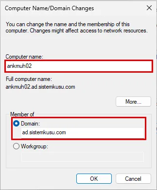 sysdm.cpl'den açılan Computer Name/Domain Changes penceresi: Computer name alanı ve Member of bölümündeki Domain alanı kırmızı çerçevede, ekran katılımdan sonra çekildiği için Domain ad.sistemkusu.com gösteriyor