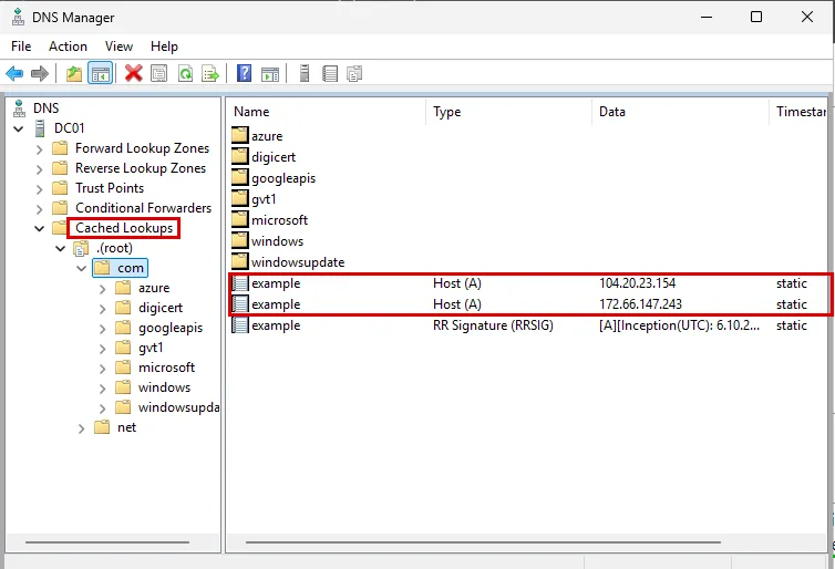 Windows Server DNS Manager'da Cached Lookups klasörü ve com altında önbellekteki example kaydının iki A satırı, ikisi de kırmızı çerçeveyle işaretli