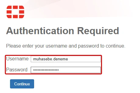 FortiGate Authentication Required giriş sayfası: Username alanında muhasebe.deneme ve maskeli Password alanı kırmızı çerçeveyle işaretli, altında Continue düğmesi
