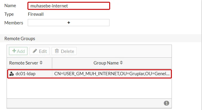FortiGate Edit User Group formu: Name muhasebe-internet, Type Firewall, Remote Groups tablosunda dc01-ldap ve CN=USER_GM_MUH_INTERNET satırı kırmızı çerçeveyle işaretli; Members alanı boş
