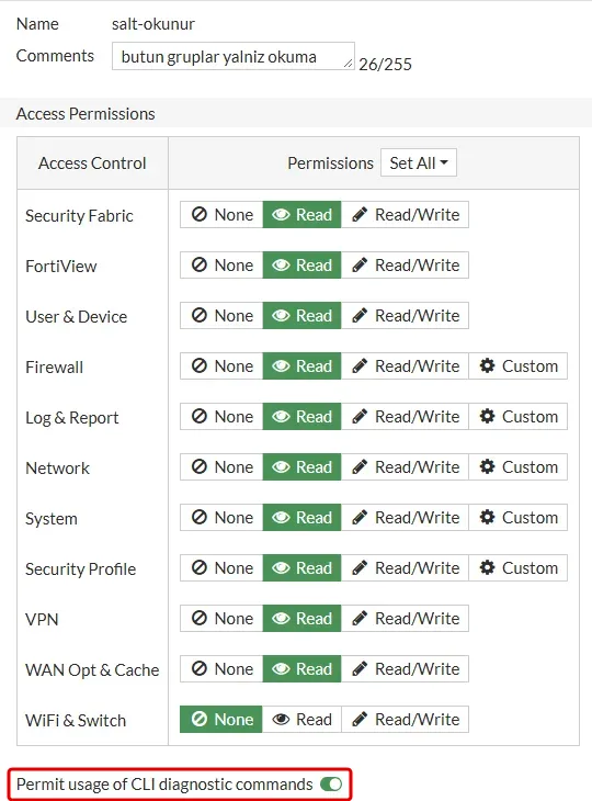 FortiGate Edit Admin Profile ekranında bütün izin grupları Read, WiFi ve Switch None, altta açık gelen Permit usage of CLI diagnostic commands seçeneği kırmızı çerçeveyle işaretli