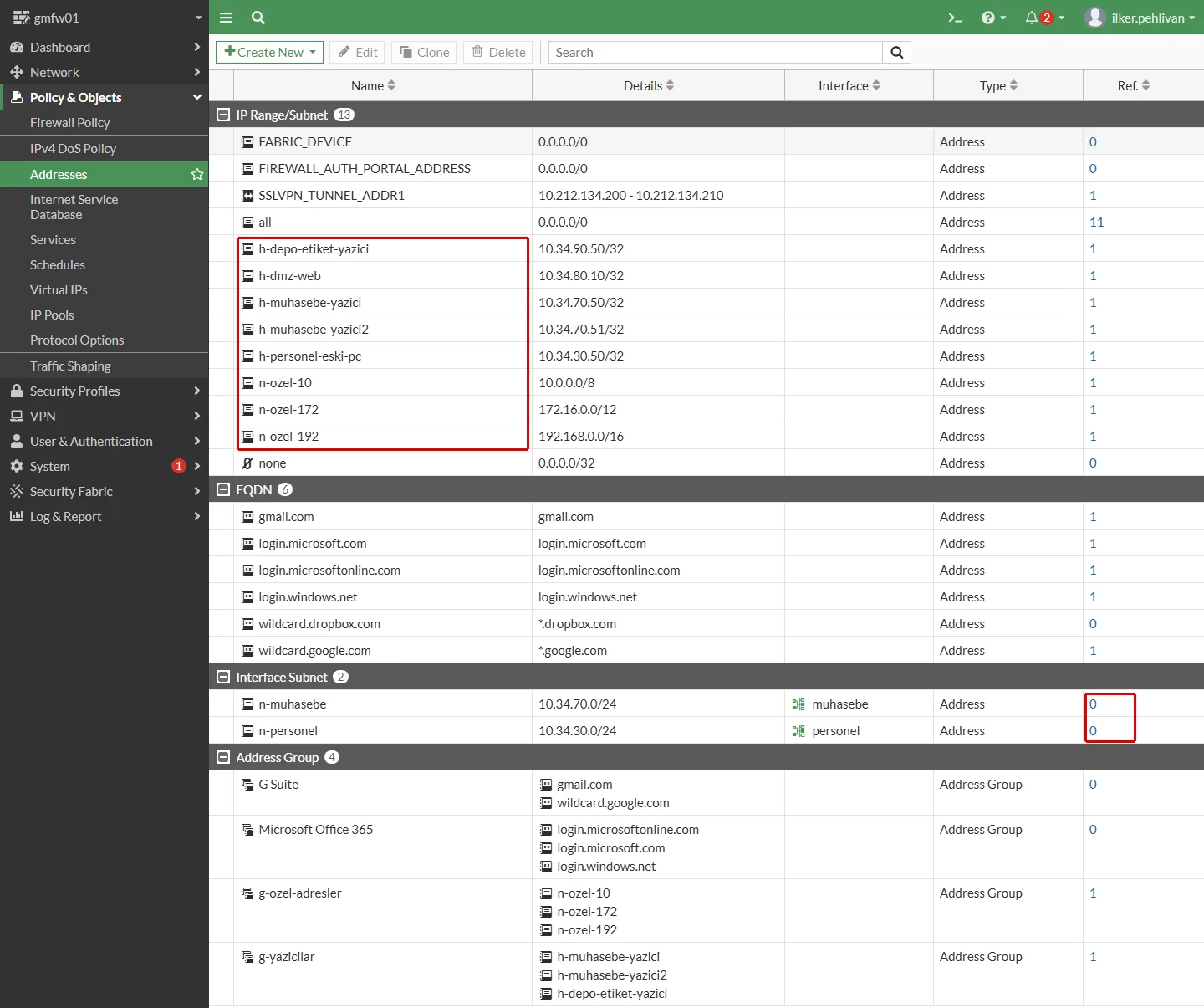 FortiGate Addresses listesi: kurumun açtığı h- ve n- önekli nesnelerin adları ile Interface Subnet grubundaki n-muhasebe ve n-personel satırlarının Ref değeri 0 kırmızı çerçeveyle işaretli; altta g-ozel-adresler ve g-yazicilar grupları üyeleriyle
