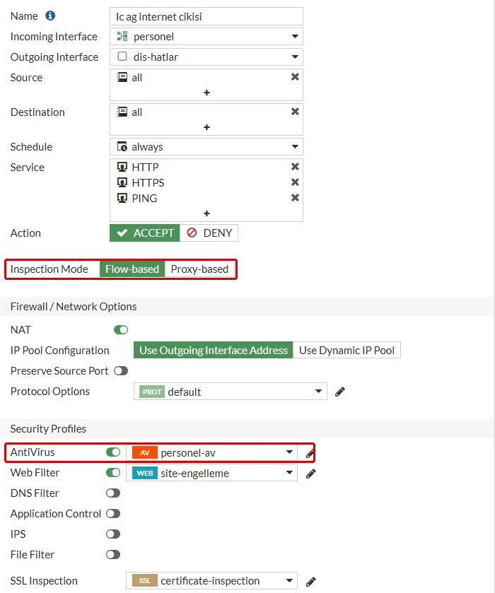 FortiGate Edit Policy formu, Ic ag internet cikisi: Inspection Mode Flow-based ve Security Profiles altında AntiVirus personel-av satırı kırmızı çerçeveyle işaretli