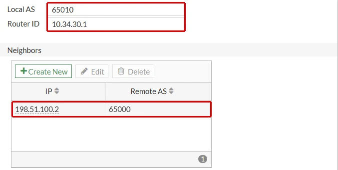 FortiGate Local BGP Options ekranı: Local AS 65010 ve Router ID 10.34.30.1 ile Neighbors listesindeki 198.51.100.2, Remote AS 65000 satırı kırmızı çerçeveyle işaretli