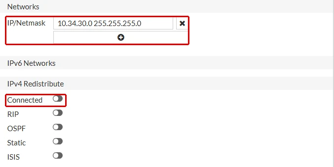 FortiGate BGP ekranının alt kısmı: Networks bölümünde 10.34.30.0 255.255.255.0 ve IPv4 Redistribute bölümünde kapalı Connected anahtarı kırmızı çerçeveyle işaretli; RIP, OSPF, Static ve ISIS de kapalı