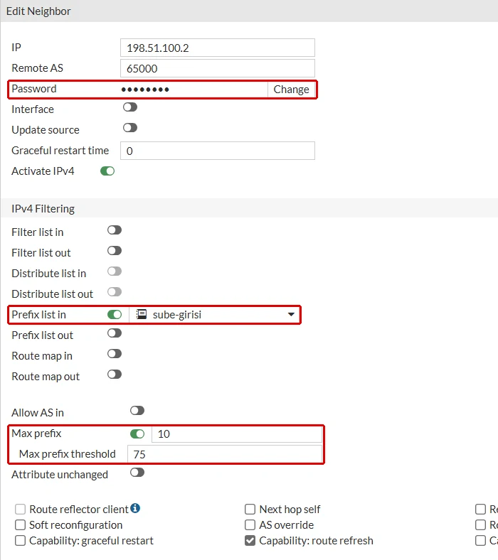 FortiGate Edit Neighbor formu, 198.51.100.2: Password alanı, Prefix list in açık ve sube-girisi seçili, Max prefix açık ve değeri 10, Max prefix threshold 75 kırmızı çerçeveyle işaretli
