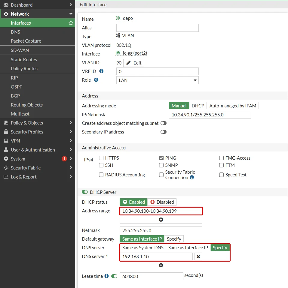FortiGate depo arayüzünün DHCP Server bölümü: Address range 10.34.90.100-10.34.90.199 ile DNS server Specify ve DNS server 1 192.168.1.10 kırmızı çerçeveyle gösterilmiş; Default gateway Same as Interface IP, Lease time 604800