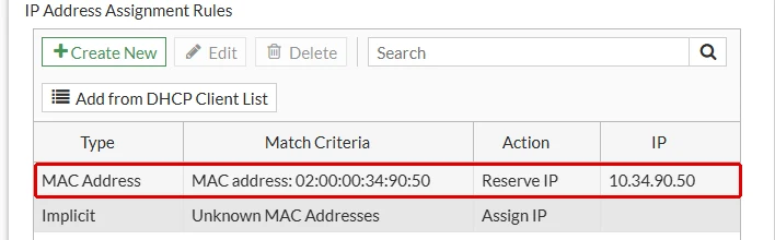 FortiGate IP Address Assignment Rules tablosu: MAC adresi 02:00:00:34:90:50 için Reserve IP 10.34.90.50 satırı kırmızı çerçeveyle gösterilmiş, altında örtük kural Unknown MAC Addresses, Assign IP