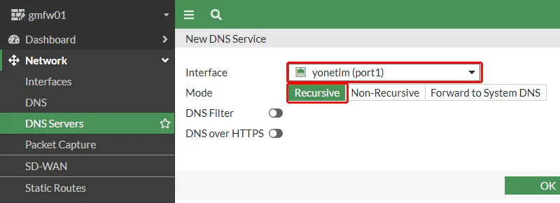 FortiGate New DNS Service formunda Interface yonetim (port1) ve Mode Recursive seçili, ikisi kırmızı çerçeveyle işaretli; altta DNS Filter ve DNS over HTTPS kapalı