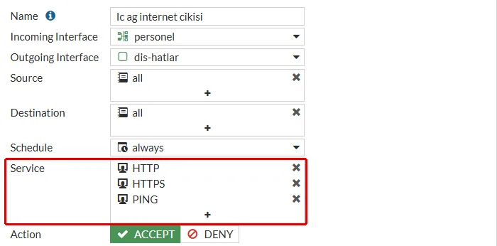 FortiGate Edit Policy formu, Ic ag internet cikisi: Service alanında HTTP, HTTPS ve PING kırmızı çerçeveyle işaretli, listede DNS yok