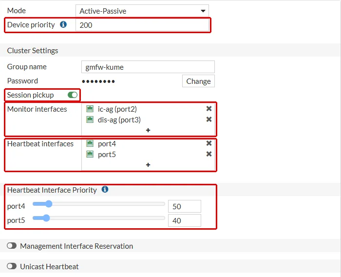 FortiGate High Availability formu, gmfw01: Device priority 200, Session pickup açık, Monitor interfaces ic-ag (port2) ve dis-ag (port3), Heartbeat interfaces port4 ve port5, Heartbeat Interface Priority 50 ve 40 kırmızı çerçeveyle işaretli