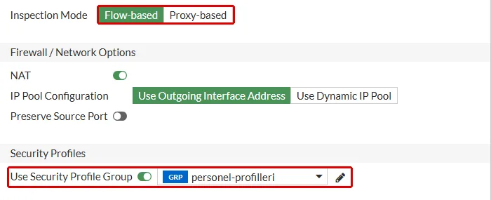 FortiGate Edit Policy formu: Inspection Mode Flow-based ve Security Profiles altında tek satır olarak Use Security Profile Group personel-profilleri kırmızı çerçeveyle işaretli