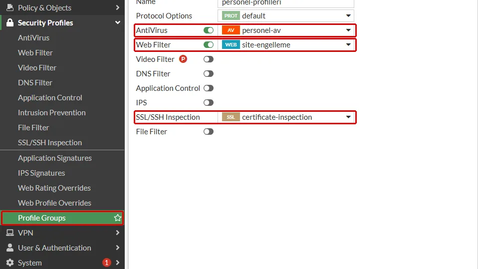 FortiGate Edit profile group formu, personel-profilleri: AntiVirus personel-av, Web Filter site-engelleme ve SSL/SSH Inspection certificate-inspection ile soldaki menüde yeni görünen Profile Groups satırı kırmızı çerçeveyle işaretli