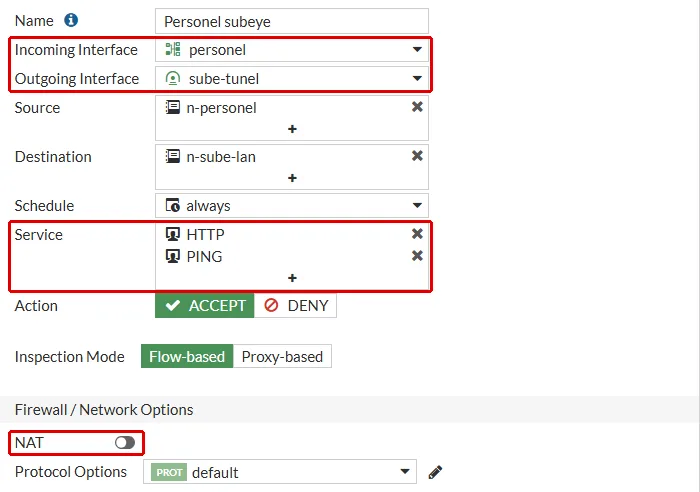FortiGate Edit Policy formu, Personel subeye: Incoming Interface personel ve Outgoing Interface sube-tunel, Service HTTP ve PING, kapalı NAT anahtarı kırmızı çerçeveyle işaretli