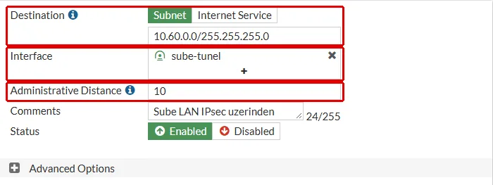 FortiGate Edit Static Route formu: Destination Subnet 10.60.0.0/255.255.255.0, Interface sube-tunel ve Administrative Distance 10 kırmızı çerçeveyle işaretli