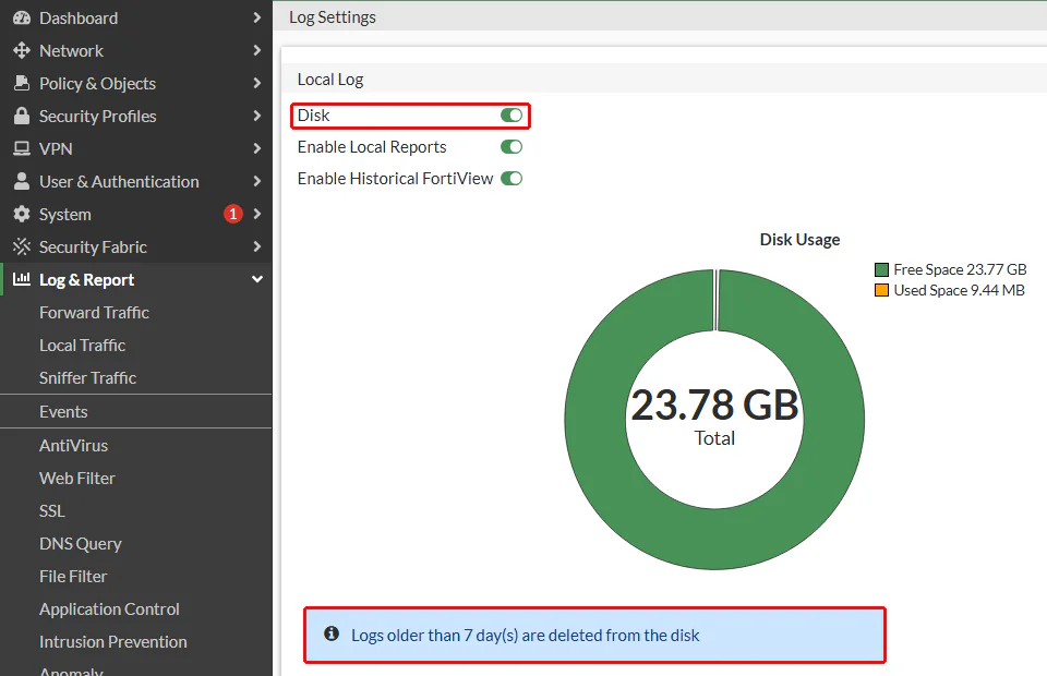 FortiGate Log Settings ekranının Local Log bölümünde Disk anahtarı açık ve altta 'Logs older than 7 day(s) are deleted from the disk' bilgisi; ikisi kırmızı çerçeveyle işaretli