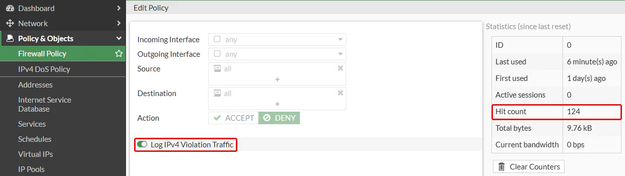 FortiGate Implicit Deny düzenleme ekranında Log IPv4 Violation Traffic anahtarı açık ve sağdaki istatistiklerde Hit count 124; ikisi kırmızı çerçeveyle işaretli