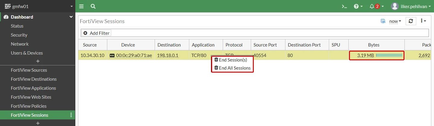 FortiView Sessions ekranında personeldeki 10.34.30.10'un 198.18.0.1'e süren indirmesi; Bytes sütunundaki 3,19 MB ile sağ tıklayınca açılan End Session(s) ve End All Sessions menüsü kırmızı çerçeveyle işaretli