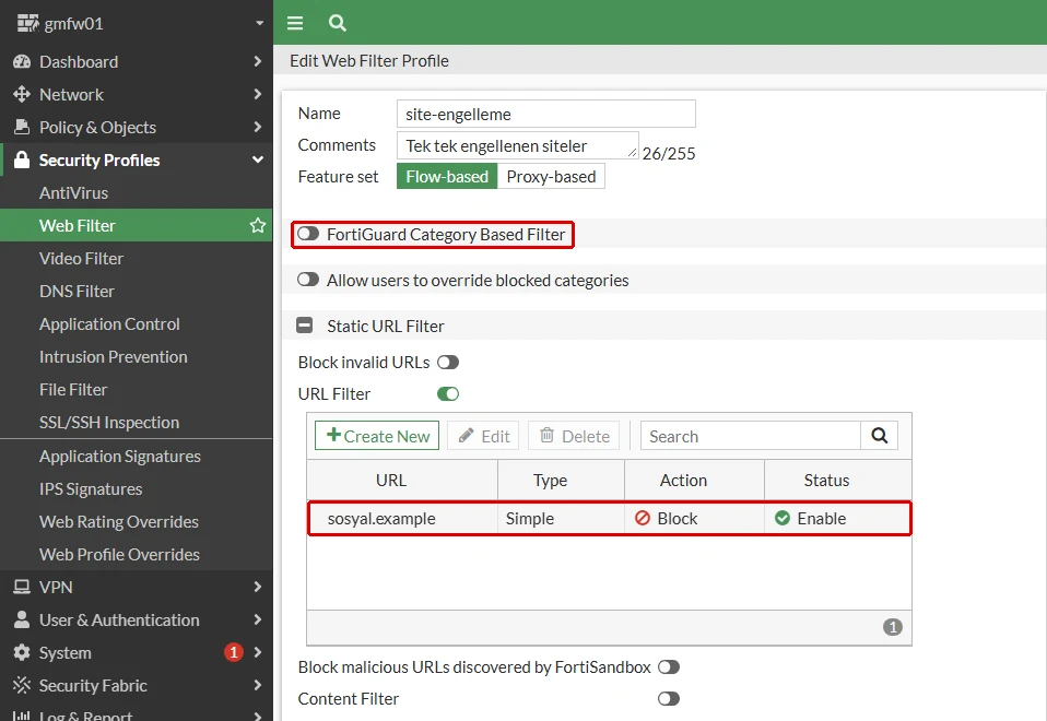 FortiGate site-engelleme web filtre profili: kapalı FortiGuard Category Based Filter anahtarı ile URL Filter tablosundaki sosyal.example, Simple, Block, Enable satırı kırmızı çerçeveyle işaretli