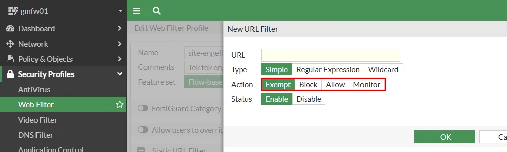 FortiGate New URL Filter penceresi: Type Simple, Status Enable; Action satırında seçili gelen Exempt kırmızı çerçeveyle işaretli