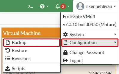 FortiGate'te sağ üstteki ilker.pehlivan menüsünde Configuration alt menüsü açık; Configuration ve Backup kırmızı çerçeveyle işaretli, altında Restore, Revisions ve Scripts