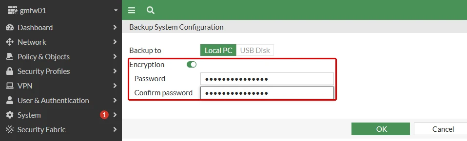 FortiGate Backup System Configuration ekranında Local PC seçili; açık Encryption anahtarı ile Password ve Confirm password alanları kırmızı çerçeveyle işaretli