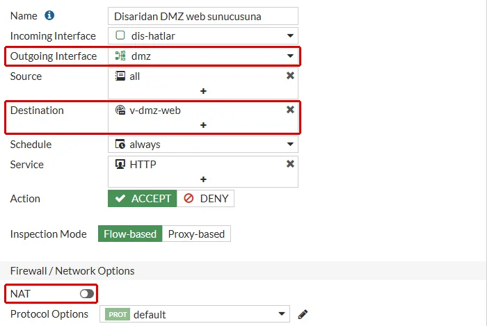FortiGate Edit Policy formu, Disaridan DMZ web sunucusuna: Outgoing Interface dmz, Destination v-dmz-web ve kapalı NAT anahtarı kırmızı çerçeveyle işaretli